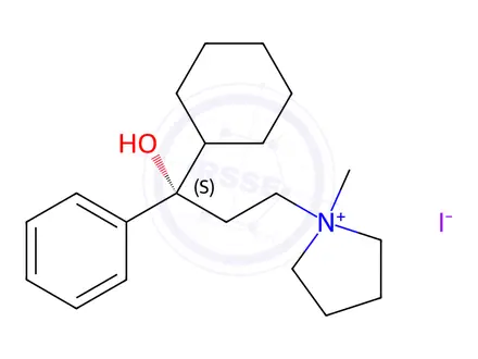 Chemical structure of (+)-1-(3-Cyclohexyl-3-hydroxy-3-phenylpropyl)-1-methylpyrrolidinium io dide