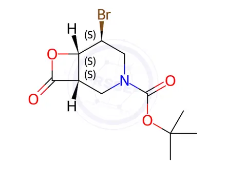 Chemical structure of 7-Oxa-3-azabicyclo[4.2.0]octane-3-carboxylic acid, 5-bromo-8-oxo-, 1,1-dimethylethyl ester, (1S,5S,6S)-