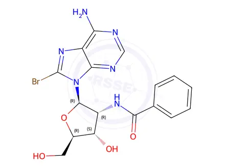 Chemical structure of N-((2R,3R,4S,5R)-2-(6-Amino-8-bromo-9H-purin-9-yl)-4-hydroxy-5-(hydroxymethyl)tetrahydrofuran-3-yl)benzamide