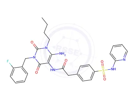 Chemical structure of N-(6-Amino-1-butyl-3-(2-fluorobenzyl)-2,4-dioxo-1,2,3,4-tetrahydropyrimidin-5-yl)-2-(4-(N-(pyridin-2-yl)sulfamoyl)phenyl)acetamide
