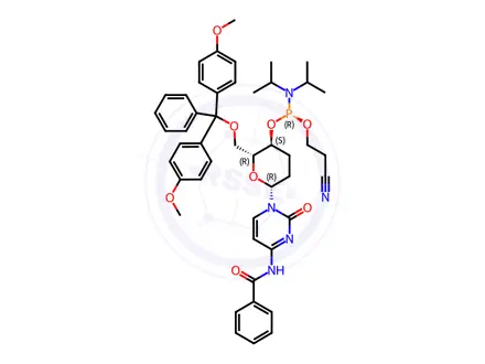 Chemical structure of Benzamide, N-[1-[6-O-[bis(4-methoxyphenyl)phenylmethyl]-4-O-[[bis(1-methylethyl)amino](2-cyanoethoxy)phosphino]-2,3-dideoxy-β-D-erythro-hexopyranosyl]-1,2-dihydro-2-oxo-4-pyrimidinyl]-, (S)-(9CI)