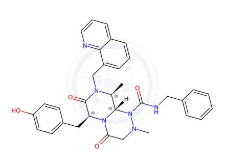 Chemical structure of (6S,9S,9aS)-N-benzyl-6-(4-hydroxybenzyl)-2,9-dimethyl-4,7-dioxo-8-(quinolin-8-ylmethyl)hexahydro-2H-pyrazino[2,1-c][1,2,4]triazine-1(6H)-carboxamide