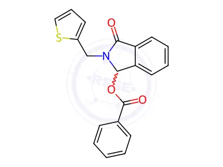 Chemical structure of 3-Oxo-2-(thiophen-2-ylmethyl)isoindolin-1-yl benzoate