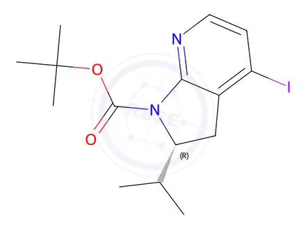 Chemical structure of Tert-butyl (R)-4-iodo-2-isopropyl-2,3-dihydro-1H-pyrrolo[2,3-b]pyridine-1-carboxylate