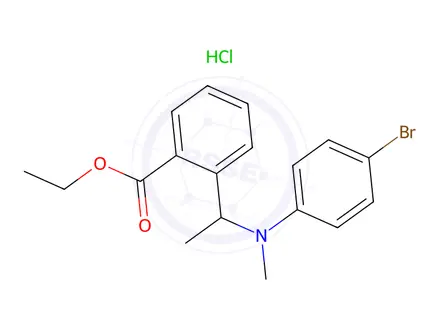 Chemical structure of Ethyl 2-(1-((4-bromophenyl)(methyl)amino)ethyl)benzoate hydrochloride