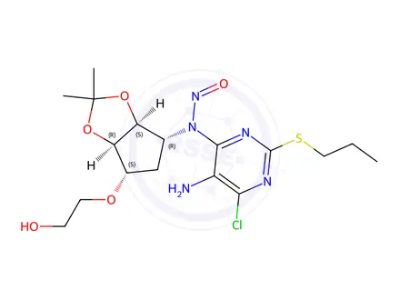 Chemical structure of N-(5-amino-6-chloro-2-(propylthio)pyrimidin-4-yl)-N-((3aS,4R,6S,6aR)-6-(2-hydroxyethoxy)-2,2-dimethyltetrahydro-3aH-cyclopenta[d][1,3]dioxol-4-yl)nitrous amide
