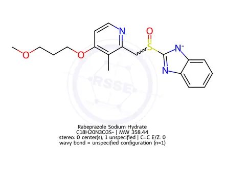 Chemical structure of 1H-Benzimidazole, 2-[[[4-(3-methoxypropoxy)-3-methyl-2-pyridinyl]methyl]sulfinyl]-, sodium salt, hydrate (1:1:)