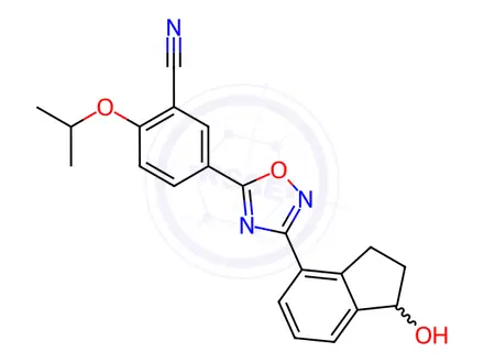 Chemical structure of 5-(3-(1-Hydroxy-2,3-dihydro-1H-inden-4-yl)-1,2,4-oxadiazol-5-yl)-2-isopropoxybenzonitrile
