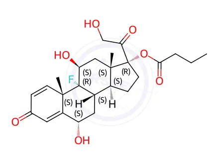 Chemical structure of (6S,8S,9R,10S,11S,13S,14S,17R)-9-fluoro-6,11-dihydroxy-17-(2-hydroxyacetyl)-10,13-dimethyl-3-oxo-6,7,8,9,10,11,12,13,14,15,16,17-dodecahydro-3H-cyclopenta[a]phenanthren-17-yl butyrate