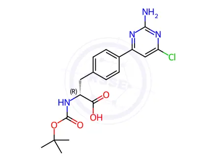 Chemical structure of (R)-3-(4-(2-Amino-6-chloropyrimidin-4-yl)phenyl)-2-((tert-butoxycarbonyl)amino)propanoic acid