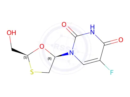 Chemical structure of rel-5-Fluoro-1-((2R,5S)-2-(hydroxymethyl)-1,3-oxathiolan-5-yl)pyrimidine-2,4(1H,3H)-dione