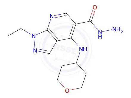 Chemical structure of 1-Ethyl-4-((tetrahydro-2H-pyran-4-yl)amino)-1H-pyrazolo[3,4-b]pyridine-5-carbohydrazide
