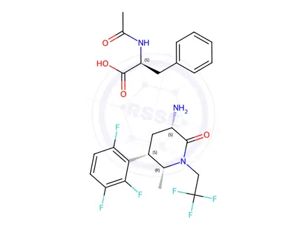 Chemical structure of (3S,5S,6R)-3-Amino-6-methyl-1-(2,2,2-trifluoroethyl)-5-(2,3,6-trifluorophenyl)piperidin-2-one acetyl-L-phenylalaninate