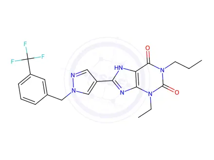 Chemical structure of 3-Ethyl-3,9-dihydro-1-propyl-8-[1-[[3-(trifluoromethyl)phenyl]methyl]-1H-pyrazol-4-yl]-1H-purine-2,6-dione