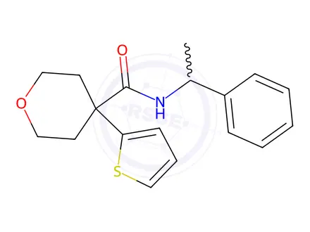 Chemical structure of N-(1-Phenylethyl)-4-(thiophen-2-yl)tetrahydro-2H-pyran-4-carboxamide