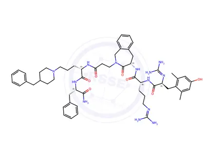 Chemical structure of (S)-N-((S)-1-Amino-1-oxo-3-phenylpropan-2-yl)-5-(4-benzylpiperidin-1-yl)-2-(3-((S)-4-((R)-5-guanidino-2-((S)-2-guanidino-3-(4-hydroxy-2,6-dimethylphenyl)propanamido)pentanamido)-3-