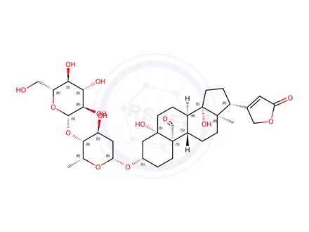 Chemical structure of (3beta,5beta)-3-[(2,6-dideoxy-4--O-beta-D-glucopyranosyl-beta-D-xylo-hexopyranosyl)oxy]-5,14-dihydroxy-19-oxocard-20(22)-enolide