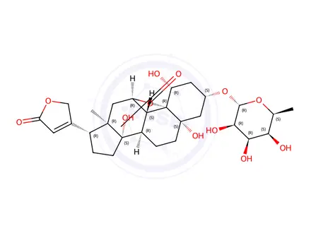 Chemical structure of 3β-[(6-Deoxy-α-L-talopyranosyl)oxy]-1β,5,11α,14β,21-pentahydroxy-24-nor-5β-chol-20(22)-ene-19,23-dioic acid di-γ-lactone