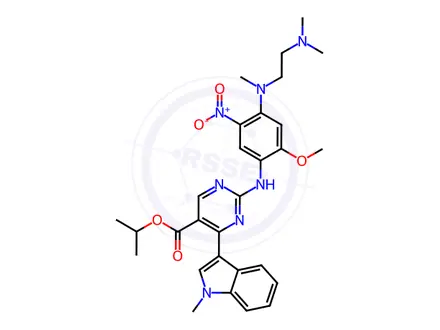 Chemical structure of 5-Pyrimidinecarboxylic acid, 2-[[4-[[2-(dimethylamino)ethyl]methylamino]-2-methoxy-5-nitrophenyl]amino]-4-(1-methyl-1H-indol-3-yl)-, 1-methylethyl ester