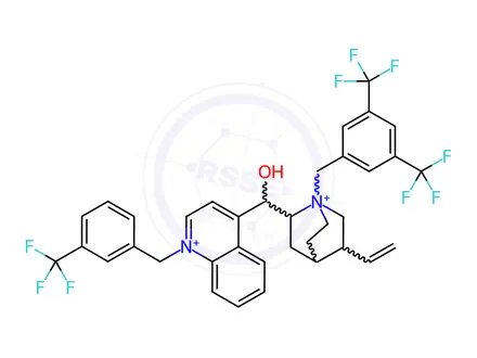 Chemical structure of Cinchonanium, 1-[[3,5-bis(trifluoromethyl)phenyl]methyl]-9-hydroxy-1'-[[3-(trifluoromethyl)phenyl]methyl]-, bromide (1:2), (8α,9R)-