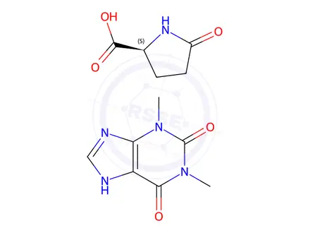 Chemical structure of 5-oxo-L-proline, compound with 3,7-dihydro-1,3-dimethyl-1H-purine-2,6-dione (1:1)