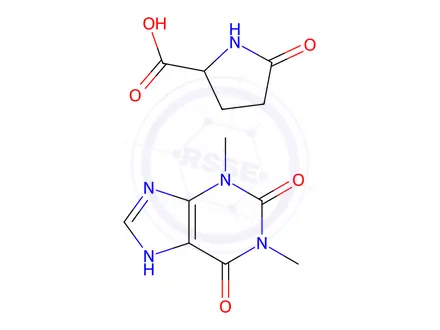 Chemical structure of 5-oxo-DL-proline, compound with 3,7-dihydro-1,3-dimethyl-1H-purine-2,6-dione (1:1)