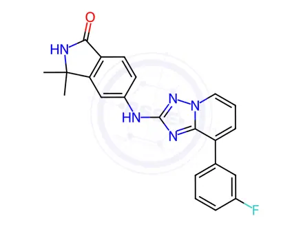 Chemical structure of 5-((8-(3-Fluorophenyl)-[1,2,4]triazolo[1,5-a]pyridin-2-yl)amino)-3,3-dimethylisoindolin-1-one