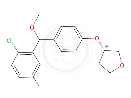 Chemical structure of (3S)-3-(4-((5-bromo-2-chlorophenyl)(methoxy)methyl)phenoxy)tetrahydrofuran