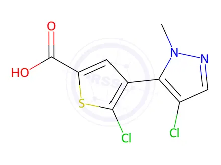 Chemical structure of 5-Chloro-4-(4-chloro-1-methyl-1H-pyrazol-5-yl)-2-thiophenecarboxylic Acid