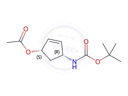 Chemical structure of (1S,4R)-Acetic acid 4-tert-butoxycarbonylamino-cyclopent-2-enyl ester