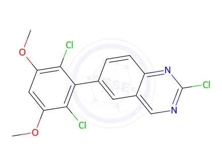 Chemical structure of 2-chloro-6-(2,6-dichloro-3,5-dimethoxyphenyl)quinazoline
