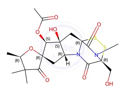 Chemical structure of Spiro[furan-2(3H),7'(8'H)-[3,9a](iminomethano)[9aH]cyclopenta[4,5]pyrrolo[2,1-c][1,2,4]dithiazine]-3,4',10'(3'H)-trione, 8'-(acetyloxy)hexahydro-8'a-hydroxy-3'-(hydroxymethyl)-4,4,5,11'-tetramethyl-, (2R,3'R,5R,5'aR,8'S,8'aS,9'aR)-