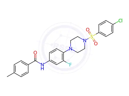 Chemical structure of N-(4-(4-((4-chlorophenyl)sulfonyl)piperazin-1-yl)-3-fluorophenyl)-4-methylbenzamide