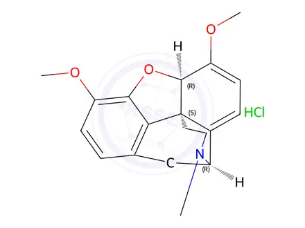 Chemical structure of (5alpha)-6,7,8,14-tetradehydro-4,5-epoxy-3,6-dimethoxy-17-methylmorphinan hydrochloride