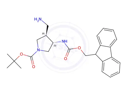 Chemical structure of Tert-butyl (3S,4R)-3-((((9H-fluoren-9-yl)methoxy)carbonyl)amino)-4-(aminomethyl)pyrrolidine-1-carboxylate