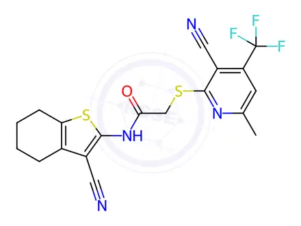 Chemical structure of N-(3-cyano-4,5,6,7-tetrahydrobenzo[b]thiophen-2-yl)-2-((3-cyano-6-methyl-4-(trifluoromethyl)pyridin-2-yl)thio)acetamide
