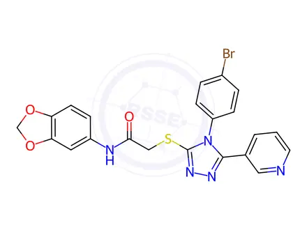Chemical structure of N-(Benzo[d][1,3]dioxol-5-yl)-2-((4-(4-bromophenyl)-5-(pyridin-3-yl)-4H-1,2,4-triazol-3-yl)thio)acetamide