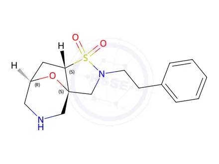 Chemical structure of rel-(3aS,7R,8aS)-2-phenethyloctahydro-3a,7-epoxyisothiazolo[4,5-c]azepine 1,1-dioxide