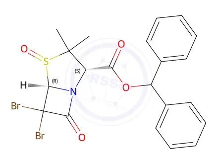 Chemical structure of (2S,5R)-6,6-Dibromo-2β-(benzhydryloxycarbonyl)-3,3-dimethyl-7-oxo-4-thia-1-azabicyclo[3.2.0]heptane-4-oxide