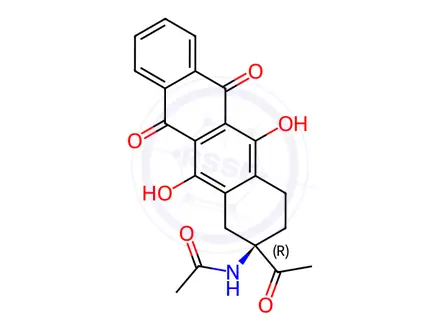Chemical structure of (R)-N-(2-Acetyl-5,12-dihydroxy-6,11-dioxo-1,2,3,4,6,11-hexahydrotetracen-2-yl)acetamide