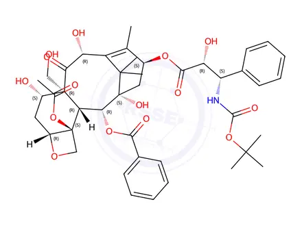 Chemical structure of (2aR,4S,4aR,6R,9S,11S,12R,12aR,12bS)-12b-acetoxy-9-(((2R,3S)-3-((tert-butoxycarbonyl)amino)-2-hydroxy-3-phenylpropanoyl)oxy)-4,6,11-trihydroxy-4a-(hydroxymethyl)-8,13,13-trimethyl-5-oxo-2a,3,4,4a,5,6,9,10,11,12,12a,12b-dodecahydro-1H-7,11-methanocyclodeca[3,4]benzo[1,2-b]oxet-12-yl benzoate