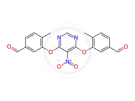 Chemical structure of 3-{[6-(5-formyl-2-methylphenoxy)-5-nitropyrimidin-4-yl]oxy}-4-methylbenzaldehyde