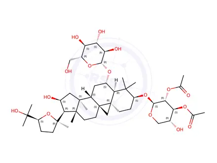 Chemical structure of β-D-Glucopyranoside, (3β,6α,16β,24R)-3-[(2,3-di-O-acetyl-β-D-xylopyranosyl)oxy]-20,24-epoxy-16,25-dihydroxy-9,19-cyclolanostan-6-yl (9CI)