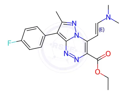 Chemical structure of Ethyl 4-[(E)-2-(dimethylamino)vinyl]-8-(4-fluorophenyl)-7-methylpyrazolo[5,1-c][1,2,4]triazine-3-carboxylate