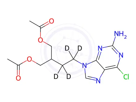 Chemical structure of 2-[2-(2-Amino-6-chloro-9H-purin-9-yl)ethyl-1,1,2,2-d4]-1,3-propanediol 1,3-Diacetate