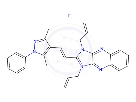 Chemical structure of 1,3-diallyl-2-[2-(3,5-dimethyl-1-phenyl-1H-pyrazol-4-yl)vinyl]-1H-imidazo[4,5-b]quinoxalinium iodide