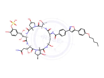 Chemical structure of 5-((1S,2S)-2-((2R,6S,9S,12R,14aS,15S,16S,20S,23S,25aS)-20-((R)-3-Amino-1-hydroxy-3-oxopropyl)-2,12,15-trihydroxy-6-((R)-1-hydroxyethyl)-16-methyl-5,8,14,19,22,25-hexaoxo-9-(4-(5-(4-(pentyloxy)phenyl)isoxazol-3-yl)benzamido)tetracosahydro-1H-dipyrrolo[2,1-c:2',1'-l][1,4,7,10,13,16]hexaazacyclohenicosin-23-yl)-1,2-dihydroxyethyl)-2-hydroxyphenyl Hydrogen Sulfate