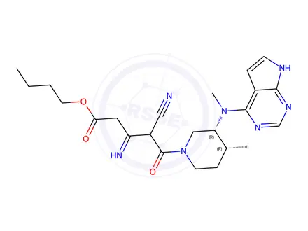 Chemical structure of Butyl 4-cyano-3-imino-5-((3R,4R)-4-methyl-3-(methyl(7H-pyrrolo[2,3-d]pyrimidin-4-yl)amino)piperidin-1-yl)-5-oxopentanoate