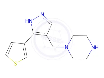 Chemical structure of 1-((3-(Thiophen-3-yl)-1H-pyrazol-4-yl)methyl)piperazine