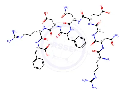 Chemical structure of (2S,5S,8S,11S,14S,17S)-17-((S)-2-((S)-4-Amino-2-((S)-2-amino-5-guanidinopentanamido)-4-oxobutanamido)propanamido)-14-(2-amino-2-oxoethyl)-2,11-dibenzyl-8-(carboxymethyl)-5-(3-guanidinopropyl)-4,7,10,13,16-pentaoxo-3,6,9,12,15-pentaazaicosanedioic Acid